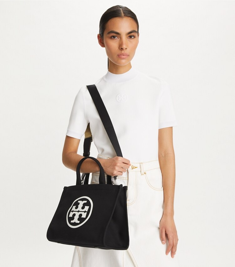 Tory Burch designer tote bags Small Ella Canvas Tote in Black additional on model