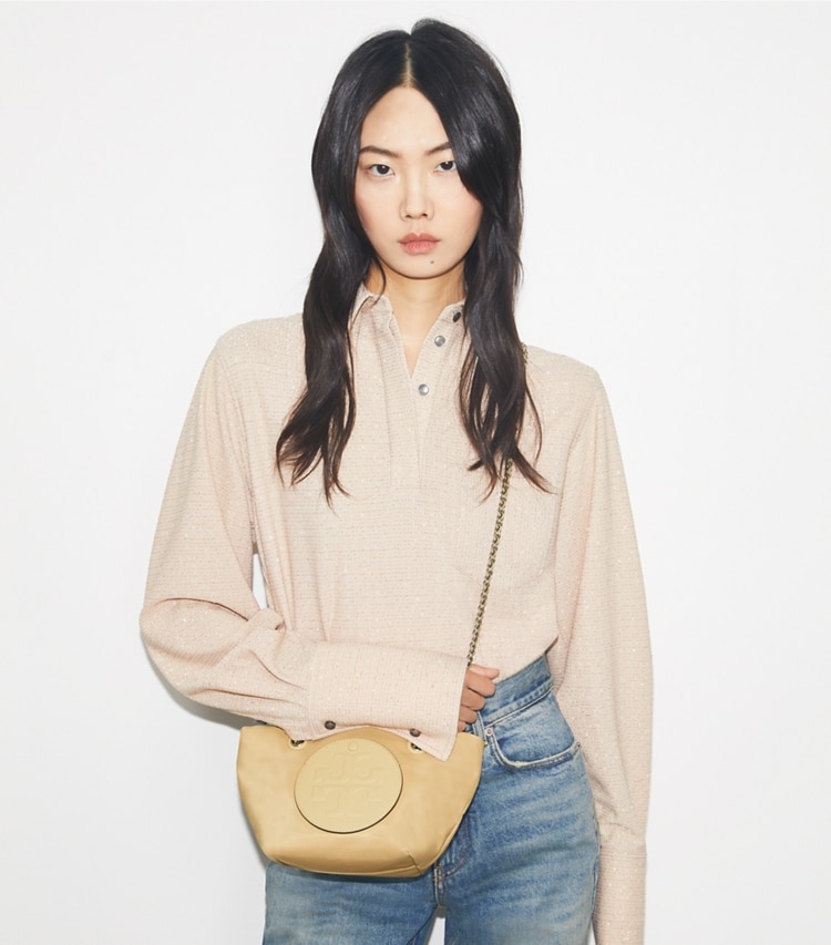 Tory Burch designer crossbody bags Small Ella Chain Crossbody in Praline accessory on model