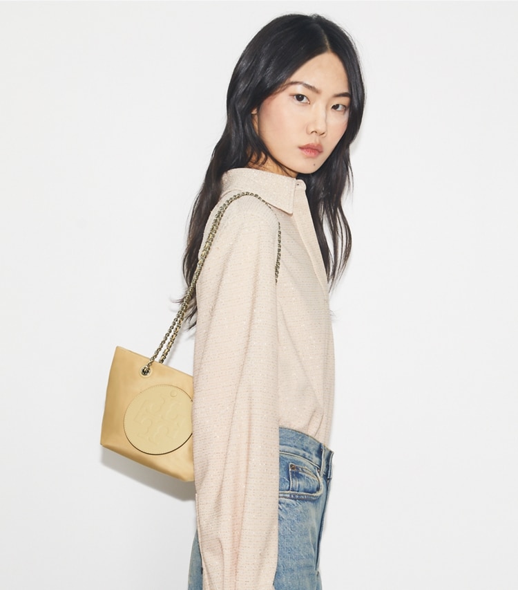 Tory Burch designer crossbody bags Small Ella Chain Crossbody in Praline additional on model