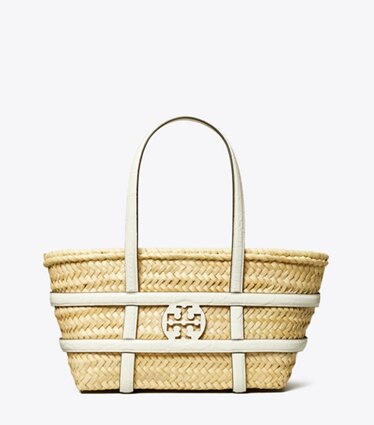Tory Burch designer tote bags Small Ella Croc-Embossed Straw Basket in Blanc front