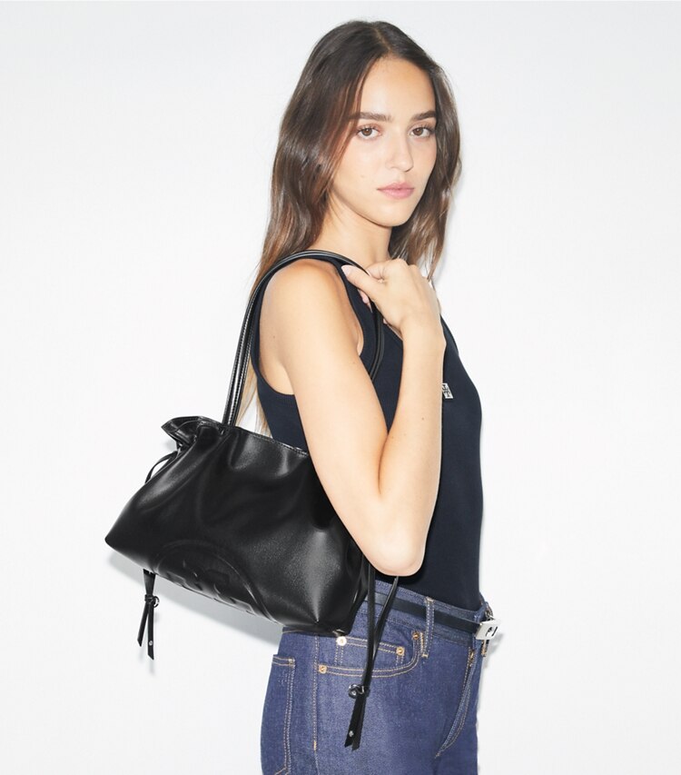 Tory Burch designer tote bags Small Ella Drawstring Tote in Black accessory on model