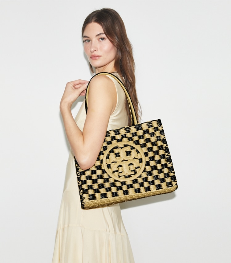 Tory Burch designer tote bags Small Ella Hand-Crocheted Checkered Tote in Black / Natural accessory on model