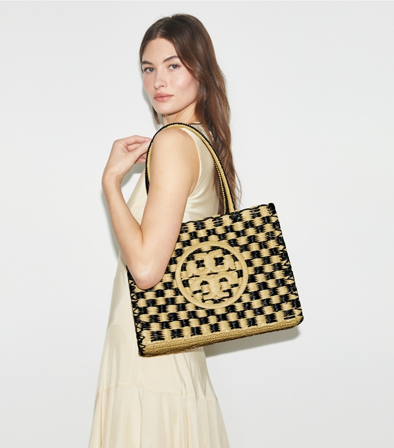 Tory Burch designer tote bags Small Ella Hand-Crocheted Checkered Tote in Black / Natural angle