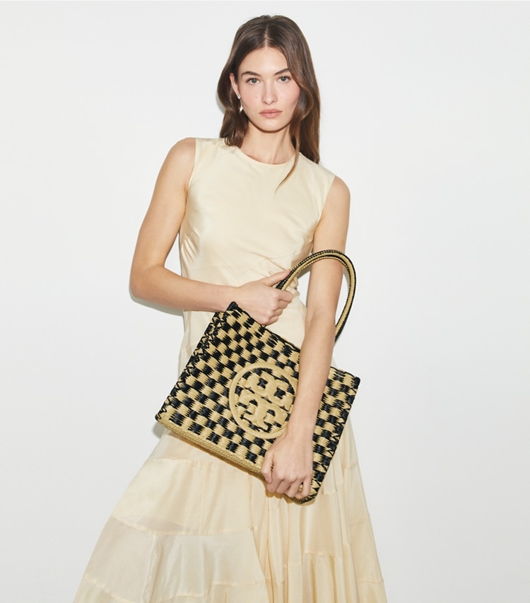 Tory Burch designer tote bags Small Ella Hand-Crocheted Checkered Tote in Black / Natural additional on model