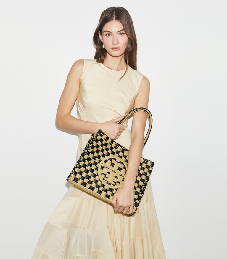 Tory Burch designer tote bags Small Ella Hand-Crocheted Checkered Tote in Black / Natural angle