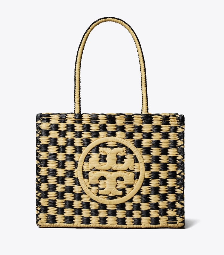 Tory Burch designer tote bags Small Ella Hand-Crocheted Checkered Tote in Black / Natural front