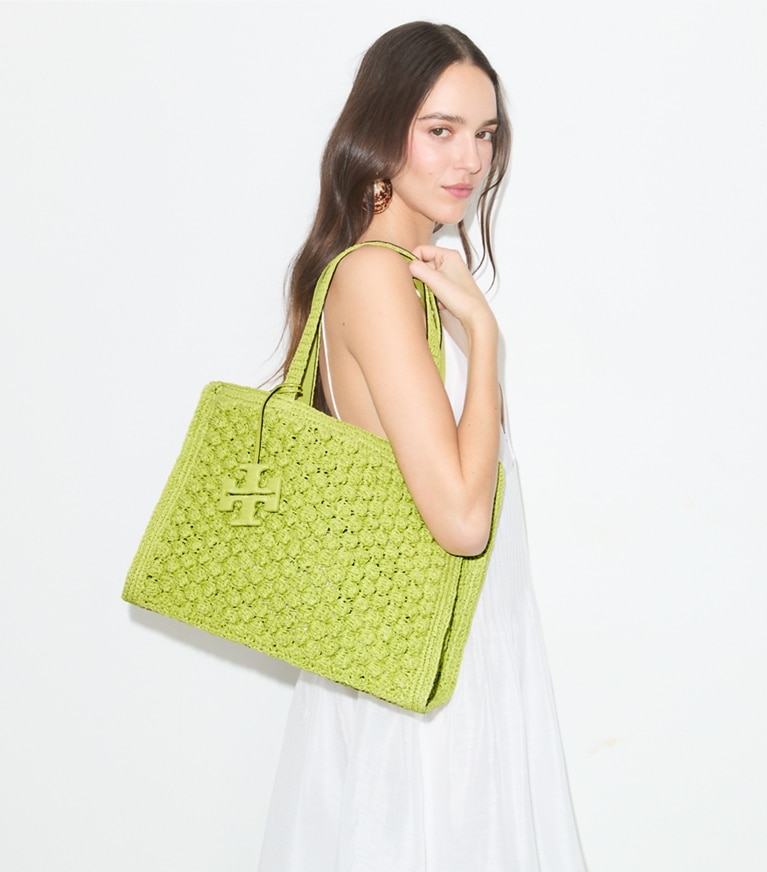 Tory Burch designer tote bags Small Ella Hand-Crocheted Popcorn Tote in Citrus Green accessory on model