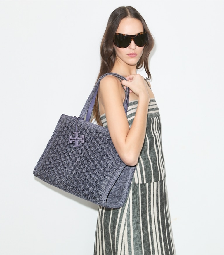 Tory Burch designer tote bags Small Ella Hand-Crocheted Popcorn Tote in Gray accessory on model