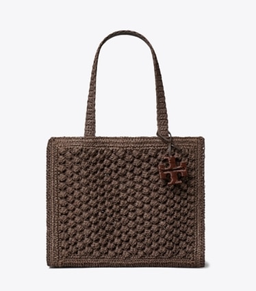 Tory Burch designer tote bags Small Ella Hand-Crocheted Popcorn Tote in Dark Cocoa front