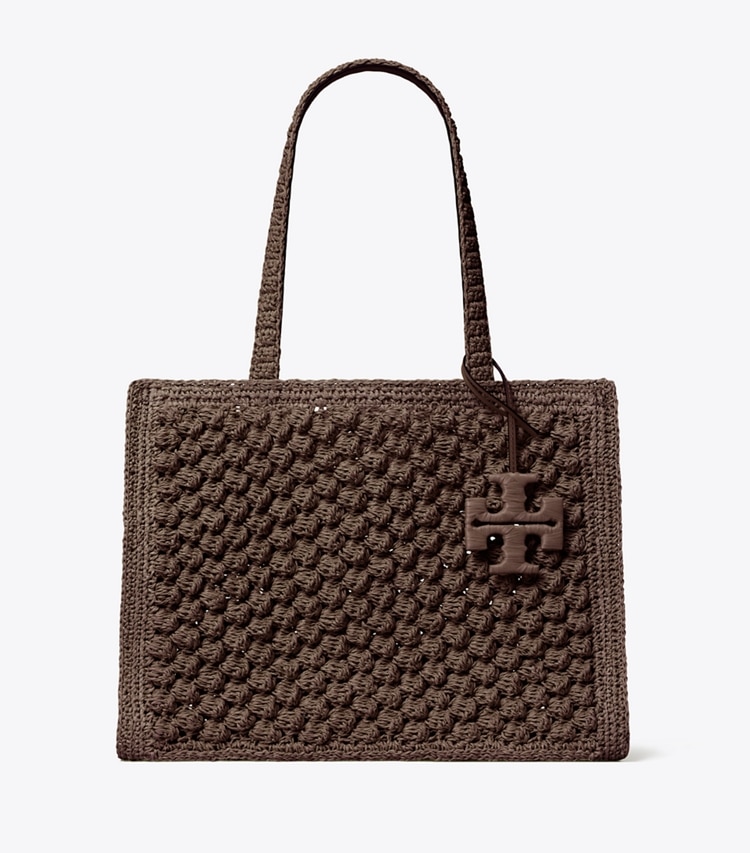 Tory Burch designer tote bags Small Ella Hand-Crocheted Popcorn Tote in Dark Cocoa front