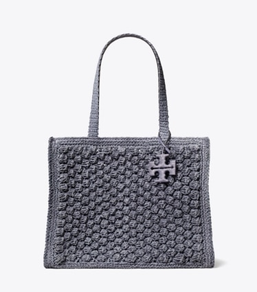 Tory Burch designer tote bags Small Ella Hand-Crocheted Popcorn Tote in Gray front