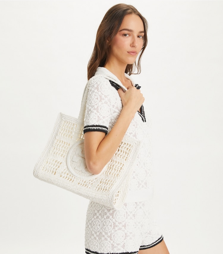 Tory Burch designer tote bags Small Ella Hand-Crocheted Tote in White accessory on model