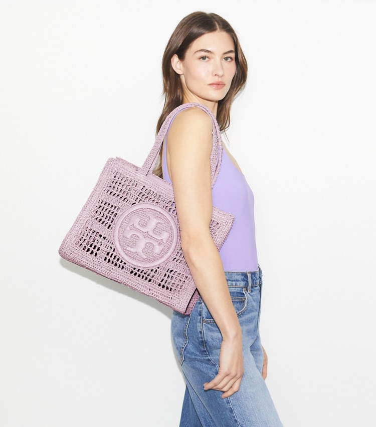 Tory Burch designer tote bags Small Ella Hand-Crocheted Tote in Pale Purple accessory on model