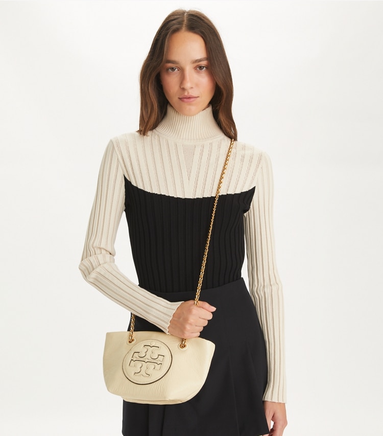 Tory Burch designer crossbody bags Small Ella Patent Chain Crossbody in Oats accessory on model