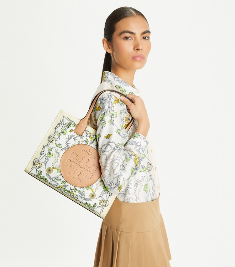 Tory Burch designer tote bags Small Ella Printed Tote in Meadow accessory on model