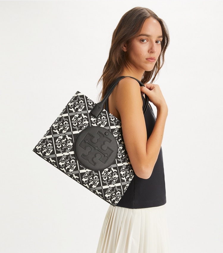 Tory Burch designer tote bags Small Ella Printed Tote in Prismatic Logo accessory on model