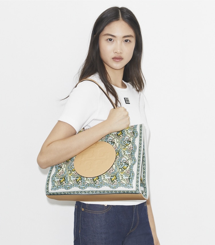 Tory Burch designer tote bags Small Ella Printed Tote in Blue Dream Paisley accessory on model