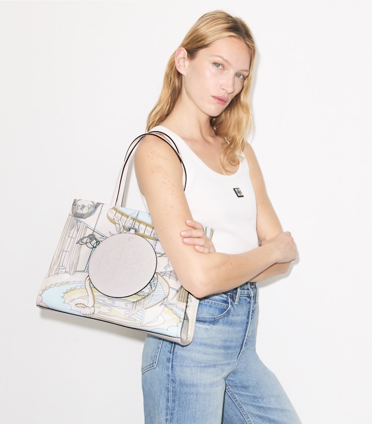 Tory Burch designer tote bags Small Ella Printed Tote in The Pool Beige accessory on model
