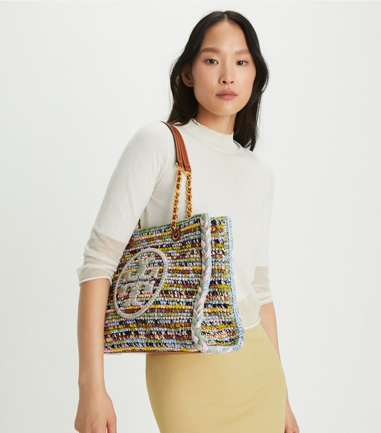 Tory Burch designer tote bags Small Ella Raffia Mélange Chain Tote in Multi angle