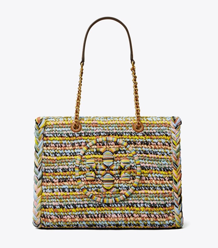 Tory Burch designer tote bags Small Ella Raffia Mélange Chain Tote in Multi front