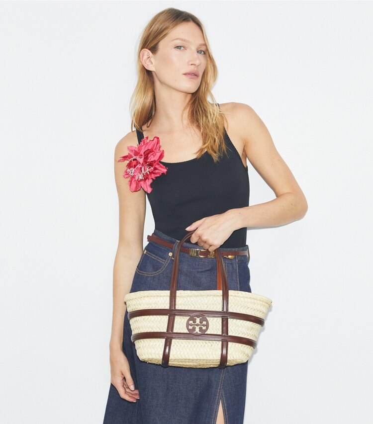 Tory Burch designer tote bags Small Ella Straw Basket in Classic Cuoio accessory on model