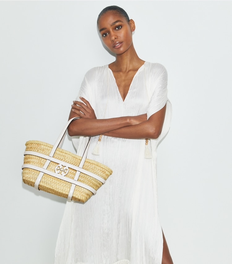 Tory Burch designer tote bags Small Ella Straw Basket in Blanc accessory on model