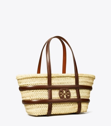 Tory Burch designer tote bags Small Ella Straw Basket in Classic Cuoio angle
