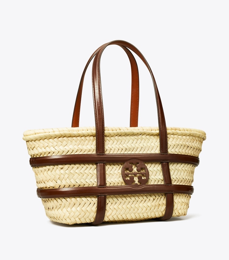 Tory Burch designer tote bags Small Ella Straw Basket in Classic Cuoio angle
