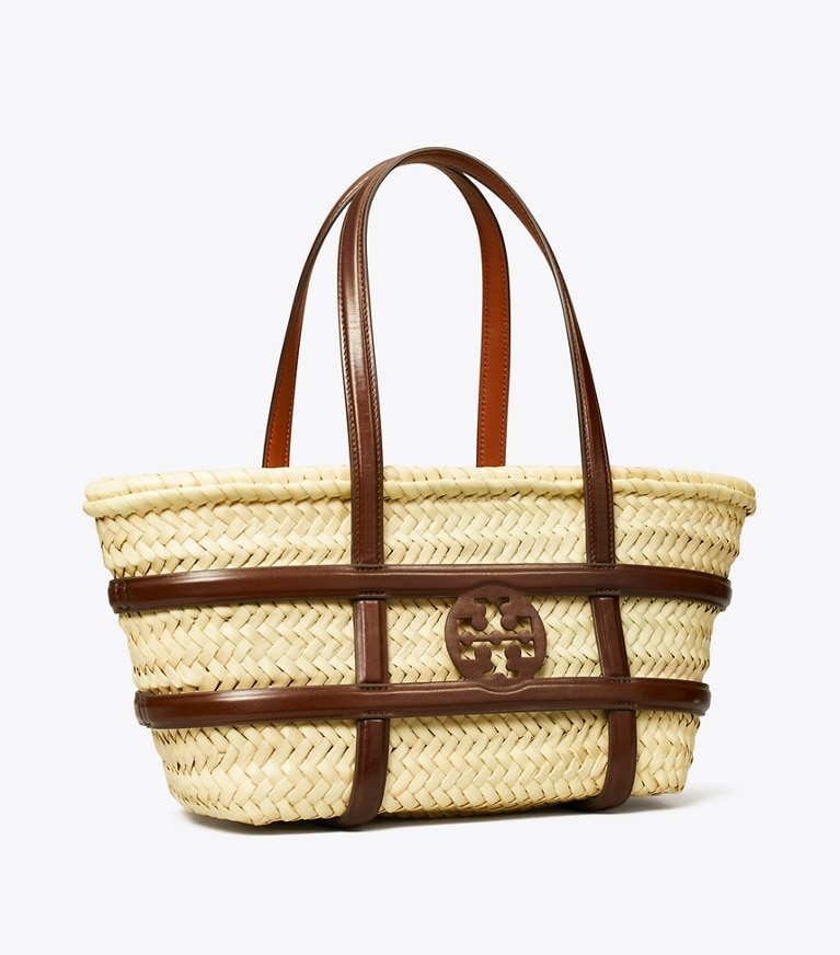 Tory Burch designer tote bags Small Ella Straw Basket in Classic Cuoio angle