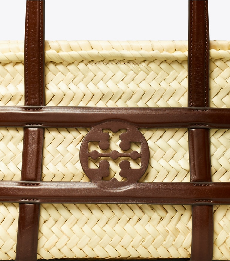 Tory Burch designer tote bags Small Ella Straw Basket in Classic Cuoio angle