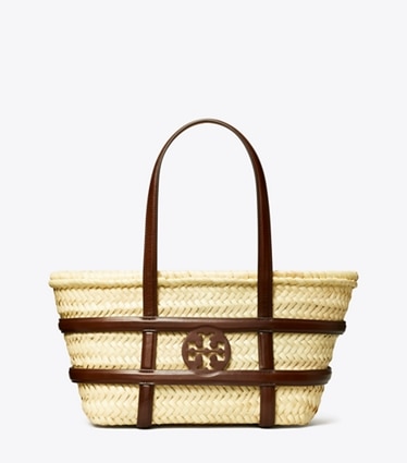 Tory Burch designer tote bags Small Ella Straw Basket in Classic Cuoio front