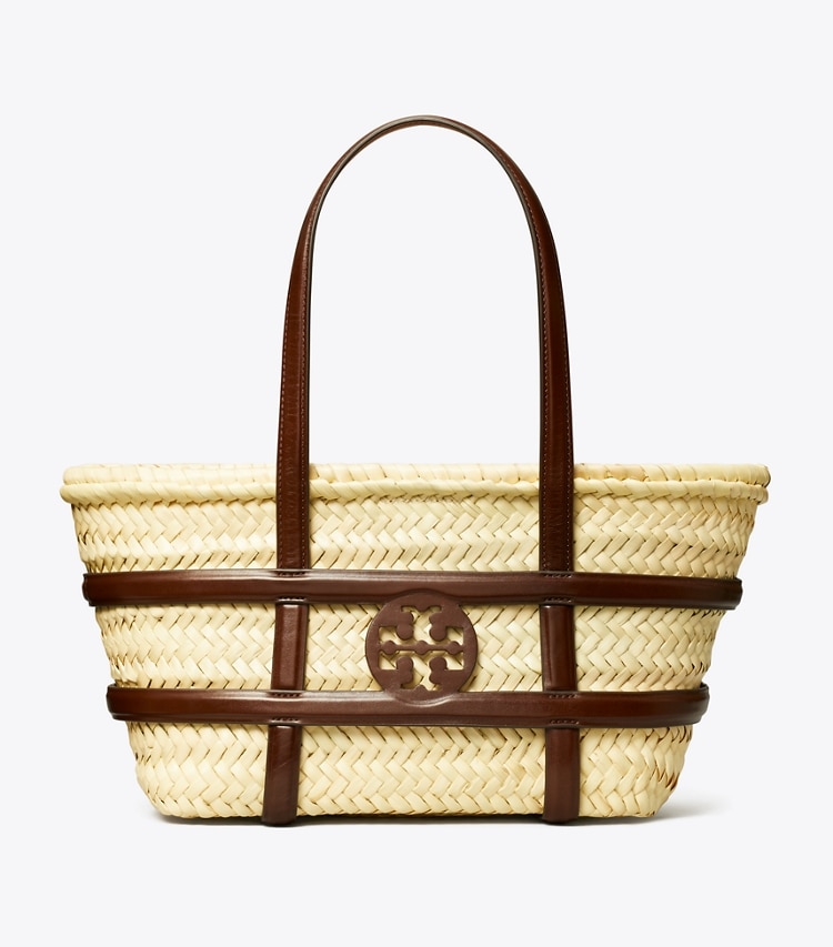 Tory Burch designer tote bags Small Ella Straw Basket in Classic Cuoio front