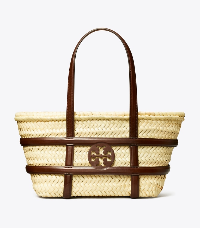 Tory Burch designer tote bags Small Ella Straw Basket in Classic Cuoio angle