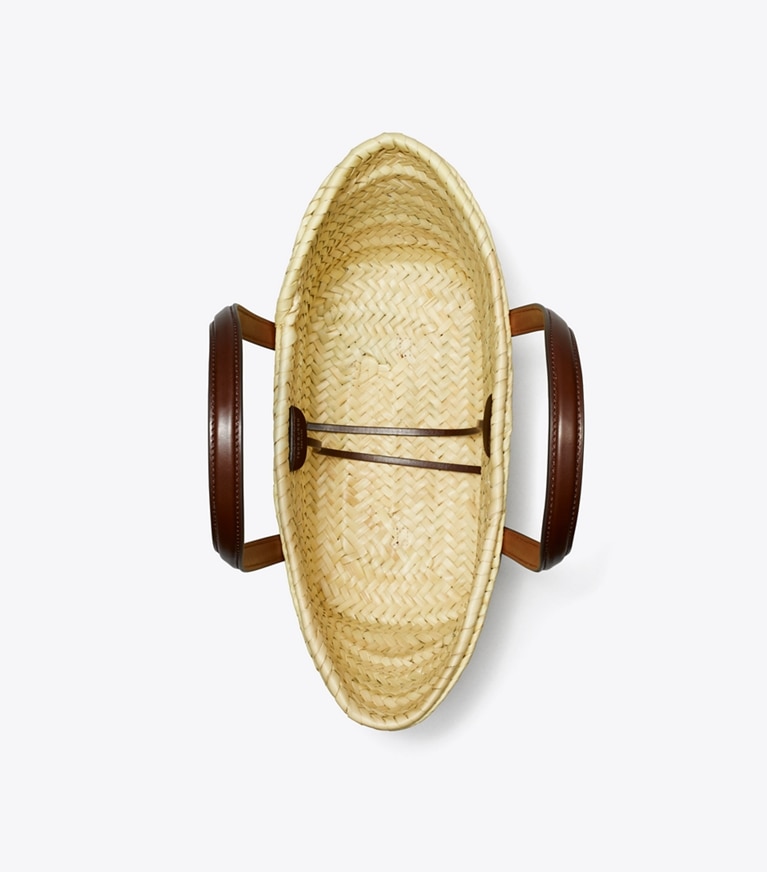 Tory Burch designer tote bags Small Ella Straw Basket in Classic Cuoio angle