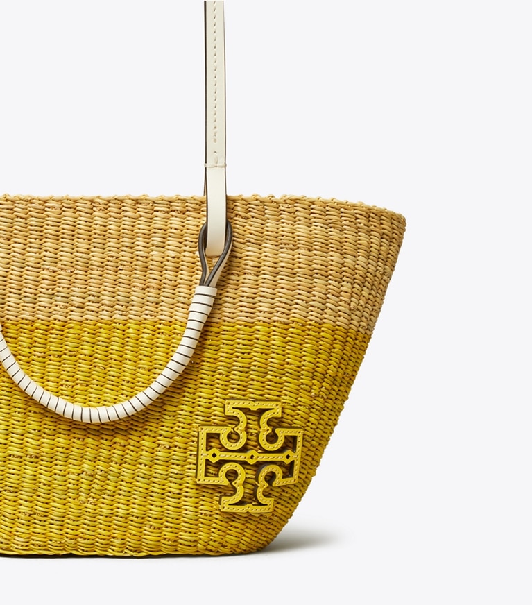 Tory Burch designer tote bags Small Ella Straw Basket Tote in Natural / Banana Ice angle