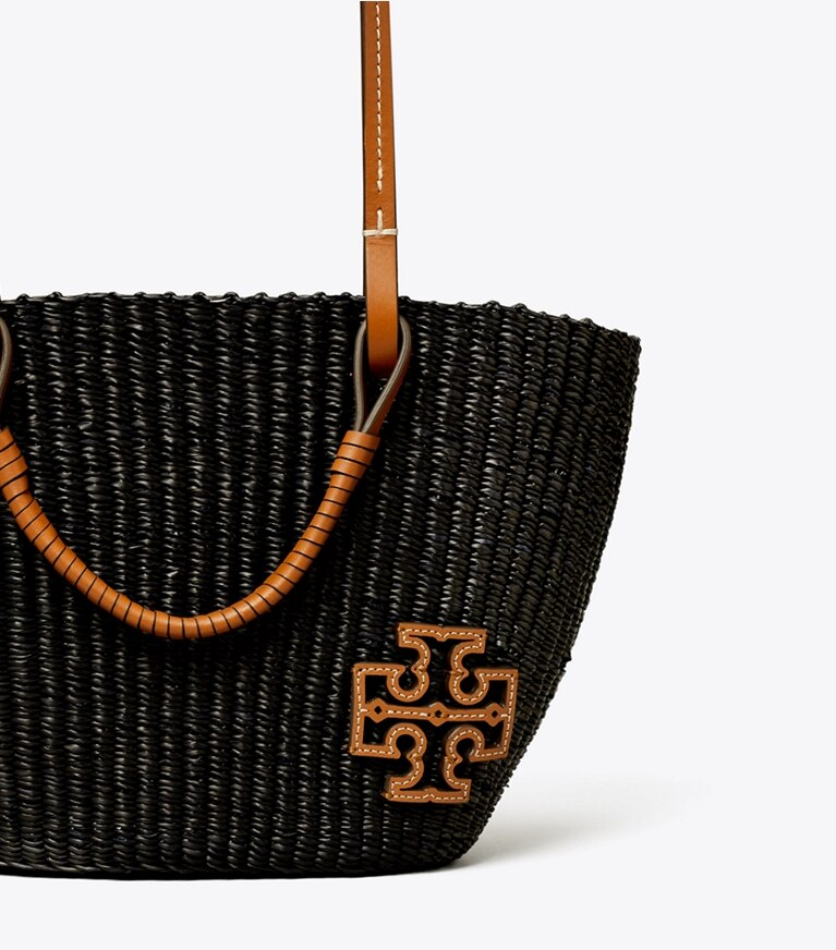 Tory Burch designer tote bags Small Ella Straw Basket Tote in Black angle