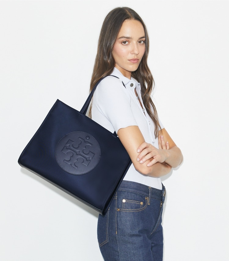 Tory Burch designer tote bags Small Ella Tote in NEW NAVY accessory on model
