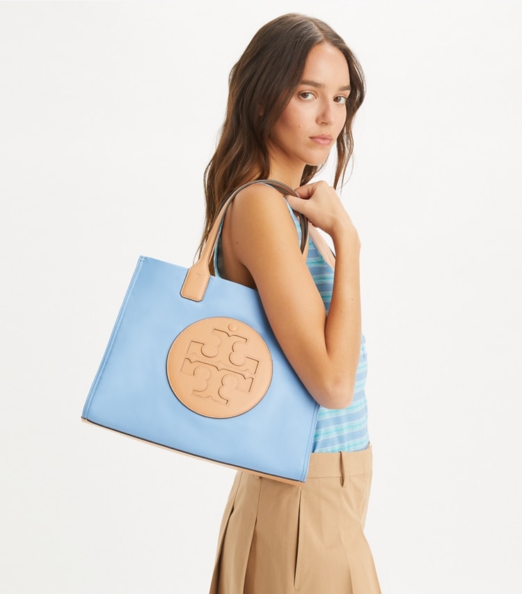 Tory Burch designer tote bags Small Ella Tote in Dauphin Blue accessory on model