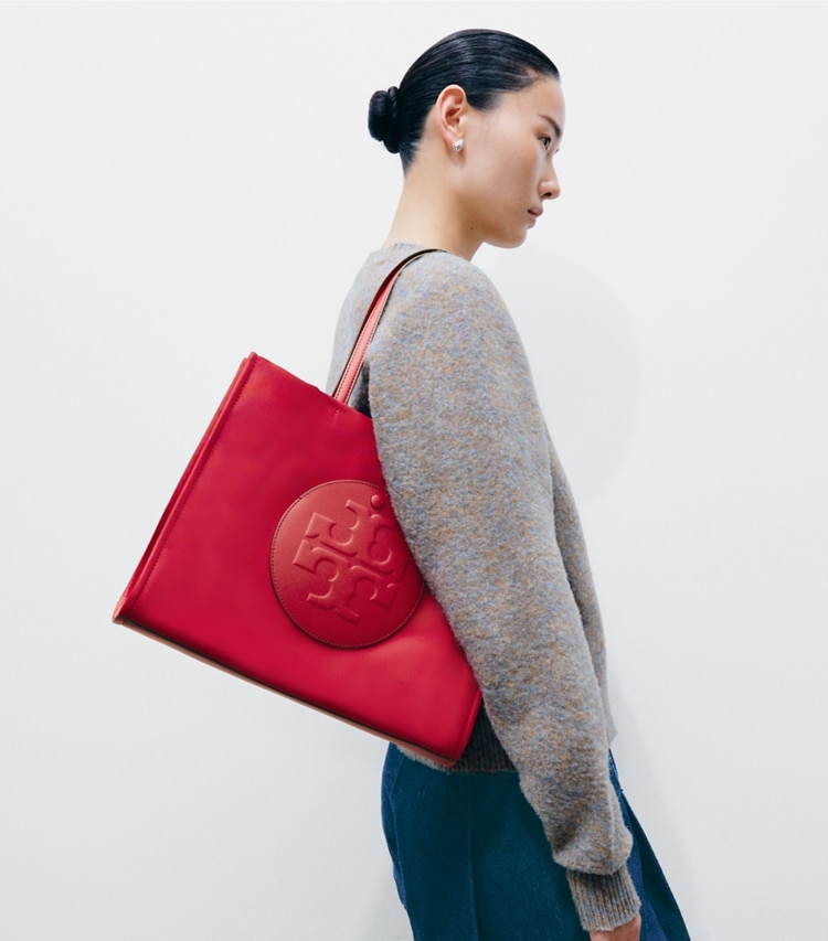 Tory Burch designer tote bags Small Ella Tote in Toucan Red accessory on model