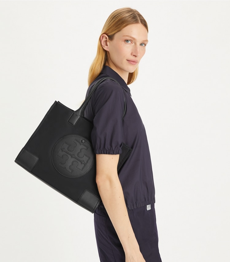 Tory Burch designer tote bags Small Ella Tote Bag in Black accessory on model
