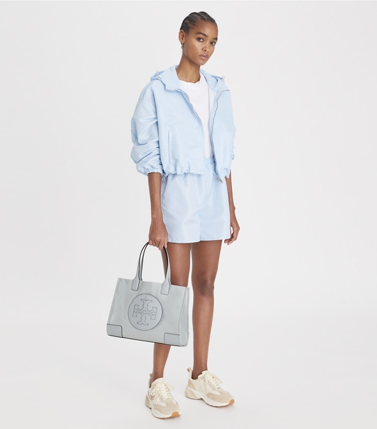 Tory Burch designer tote bags Small Ella Tote Bag in Powder Blue accessory on model