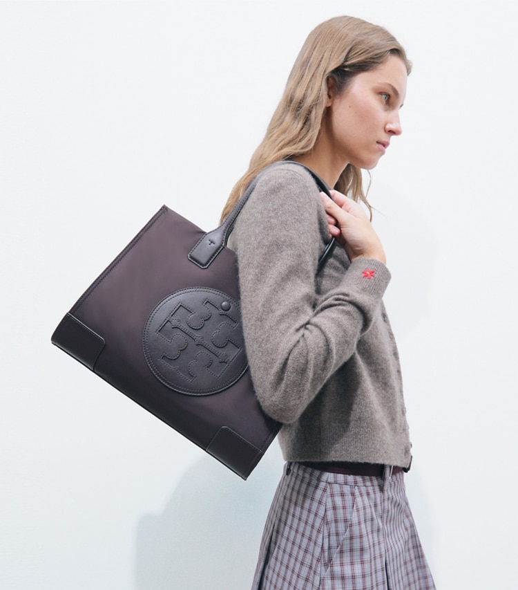 Tory Burch designer tote bags Small Ella Tote Bag in TEMPRANILLO accessory on model