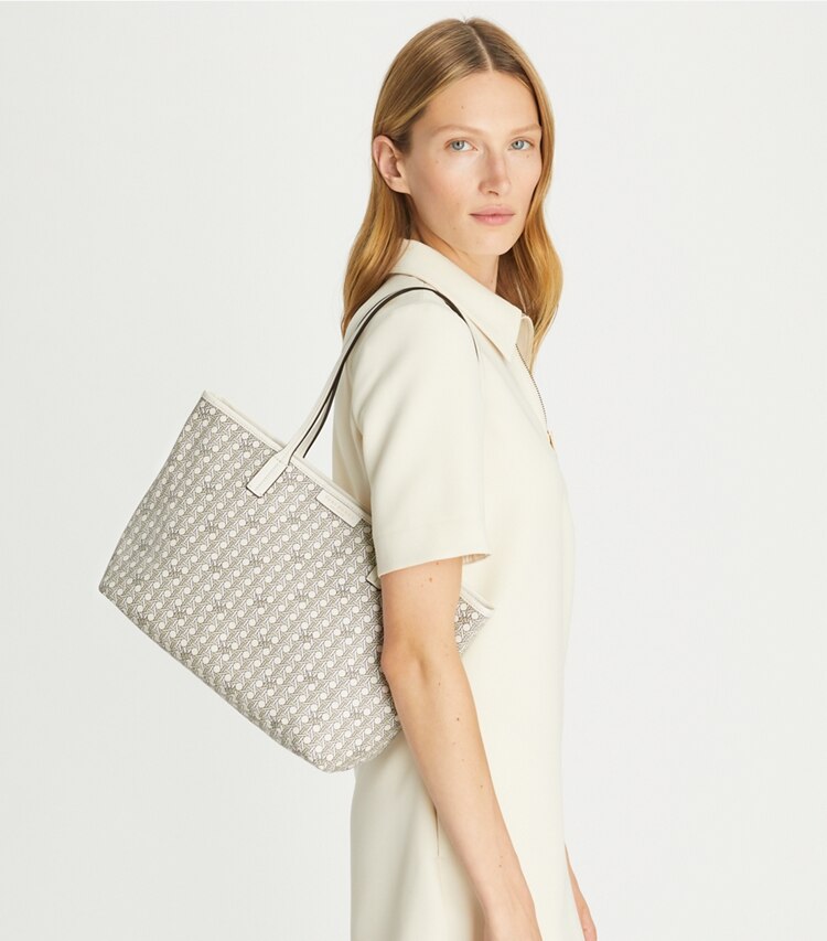 Tory Burch designer tote bags Small Ever-Ready Zip Tote in NEW IVORY accessory on model