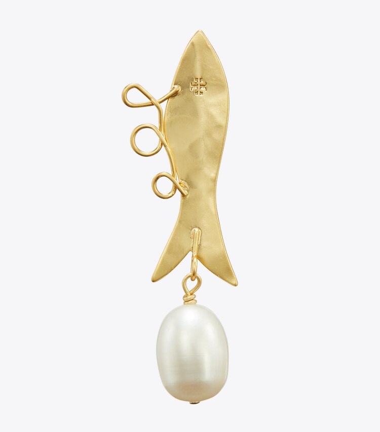 Tory Burch designer earrings Small Fish Earring in Rolled Light Brass / Ivory detail