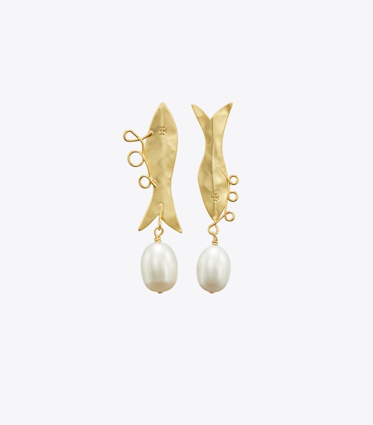 Tory Burch designer earrings Small Fish Earring in Rolled Light Brass / Ivory front