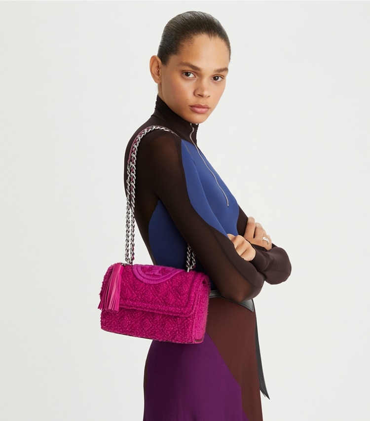 Tory Burch designer shoulder bags Small Fleming Bouclé Convertible Shoulder Bag in PRICKLY PEAR accessory on model