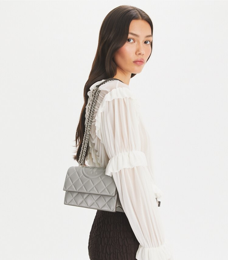 Tory Burch designer shoulder bags Small Fleming Convertible Shoulder Bag in Gray accessory on model