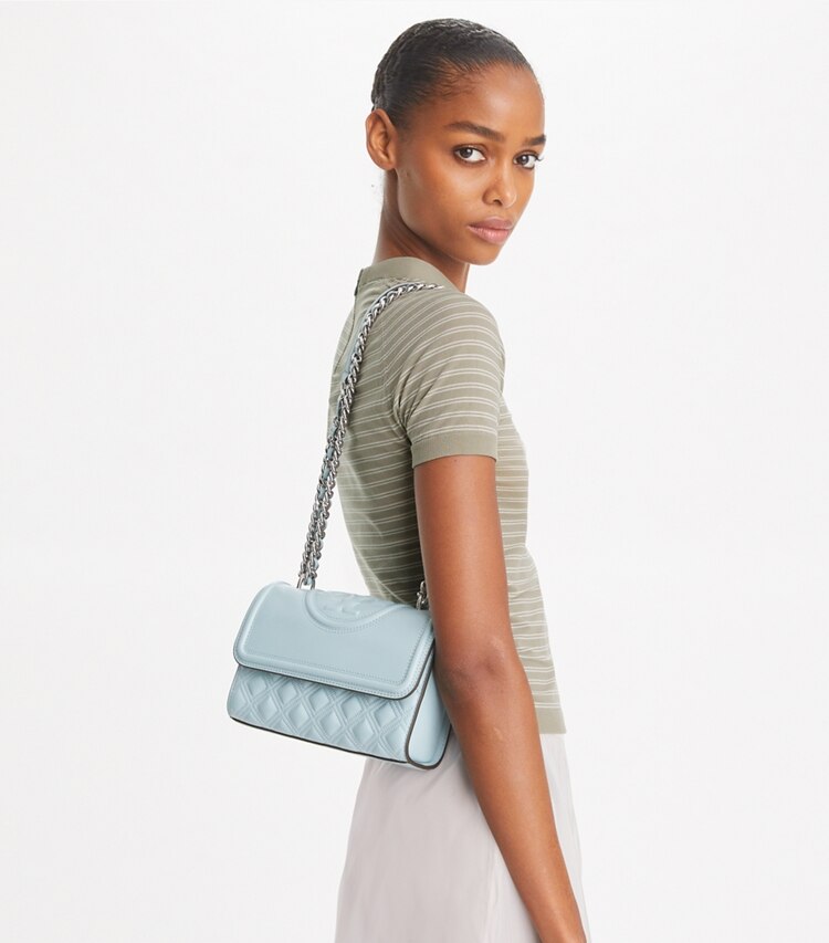 Tory Burch designer shoulder bags Small Fleming Convertible Shoulder Bag in Geyser accessory on model