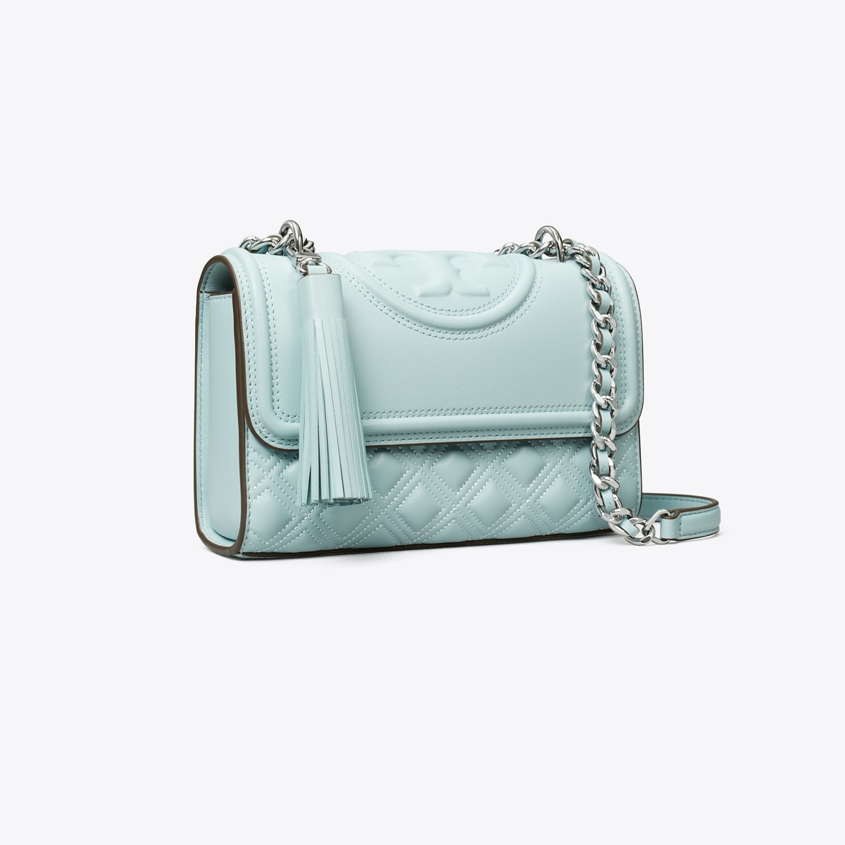 Tory Burch Powder Blue/White Patent Leather sold Zip Tassel Crossbody Bag