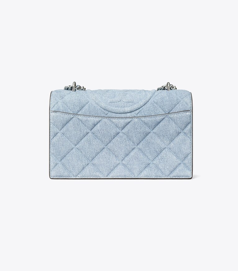 Tory Burch designer ショルダーバッグ フレミング デニムプリント スエード スモールショルダーバッグ in Medium Wash Denim angle
